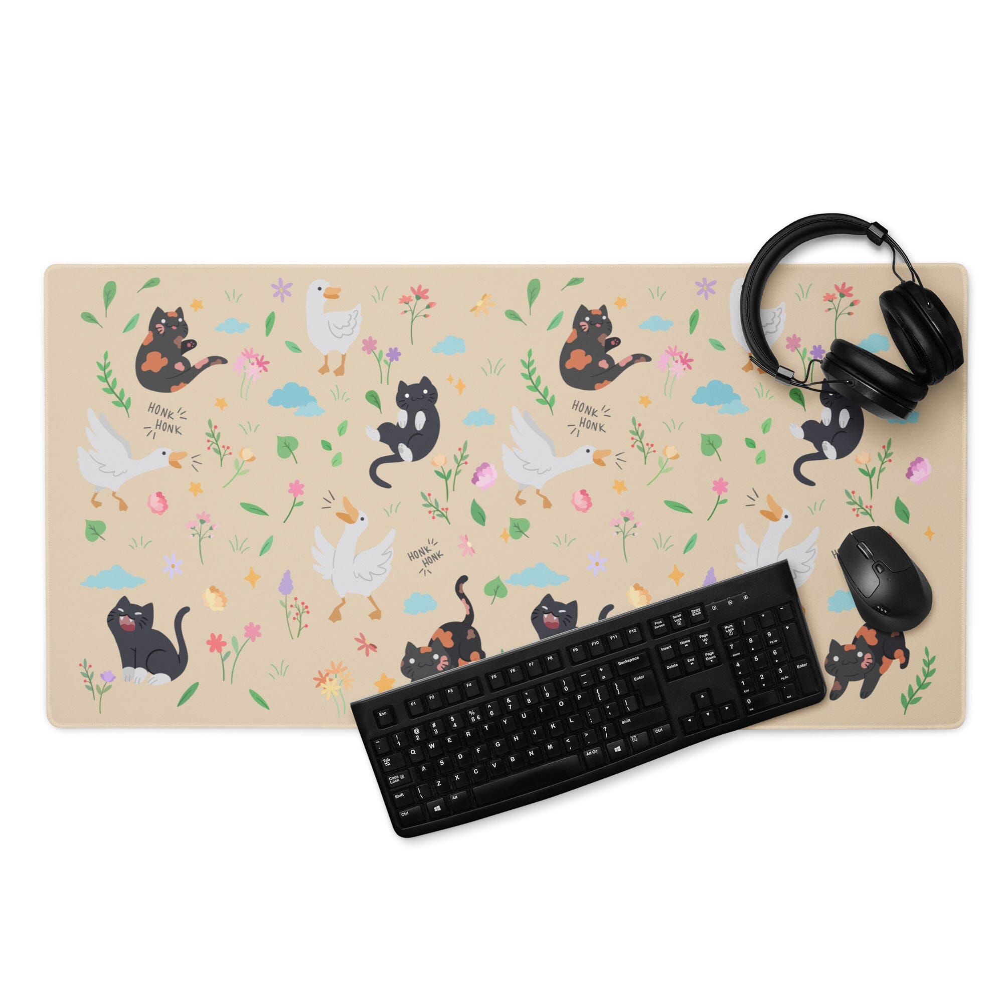 Colorful Geese & Kitties | Beige Gaming mouse pad | TTI Stream Threads & Thistles Inventory