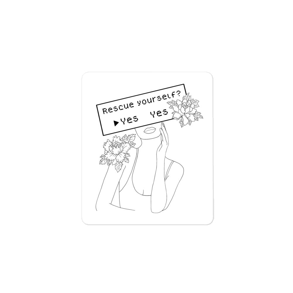 Rescue Yourself? | Bubble-free stickers | Feminist Gamer Threads and Thistles Inventory 4″×4″