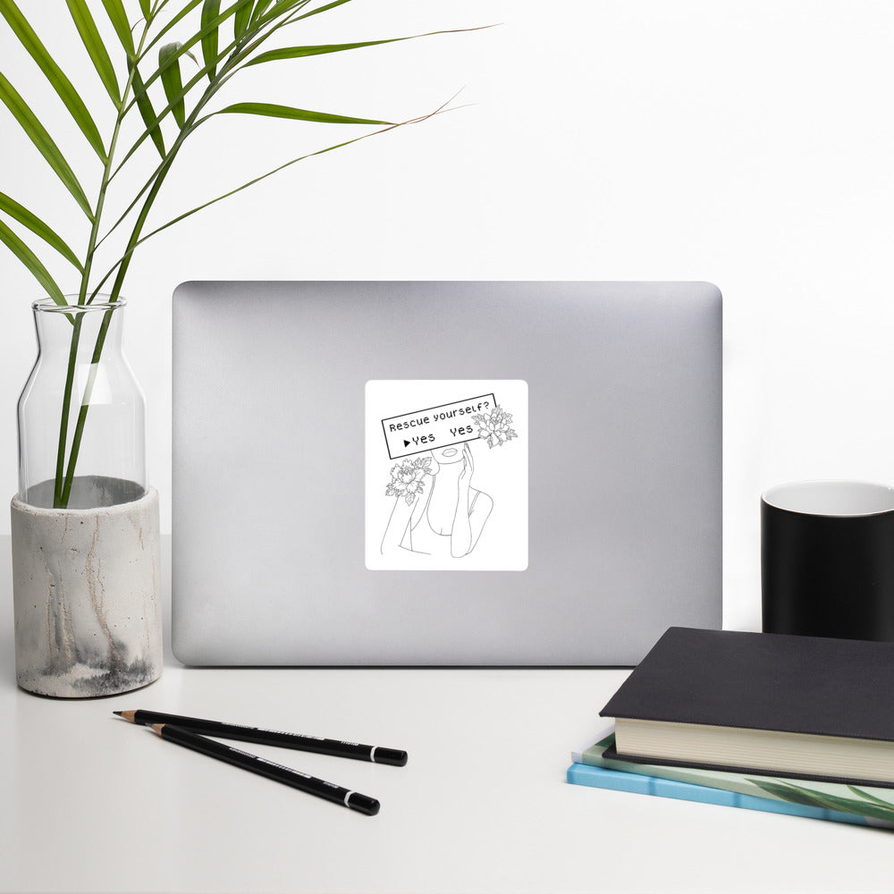 Rescue Yourself? | Bubble-free stickers | Feminist Gamer Threads and Thistles Inventory