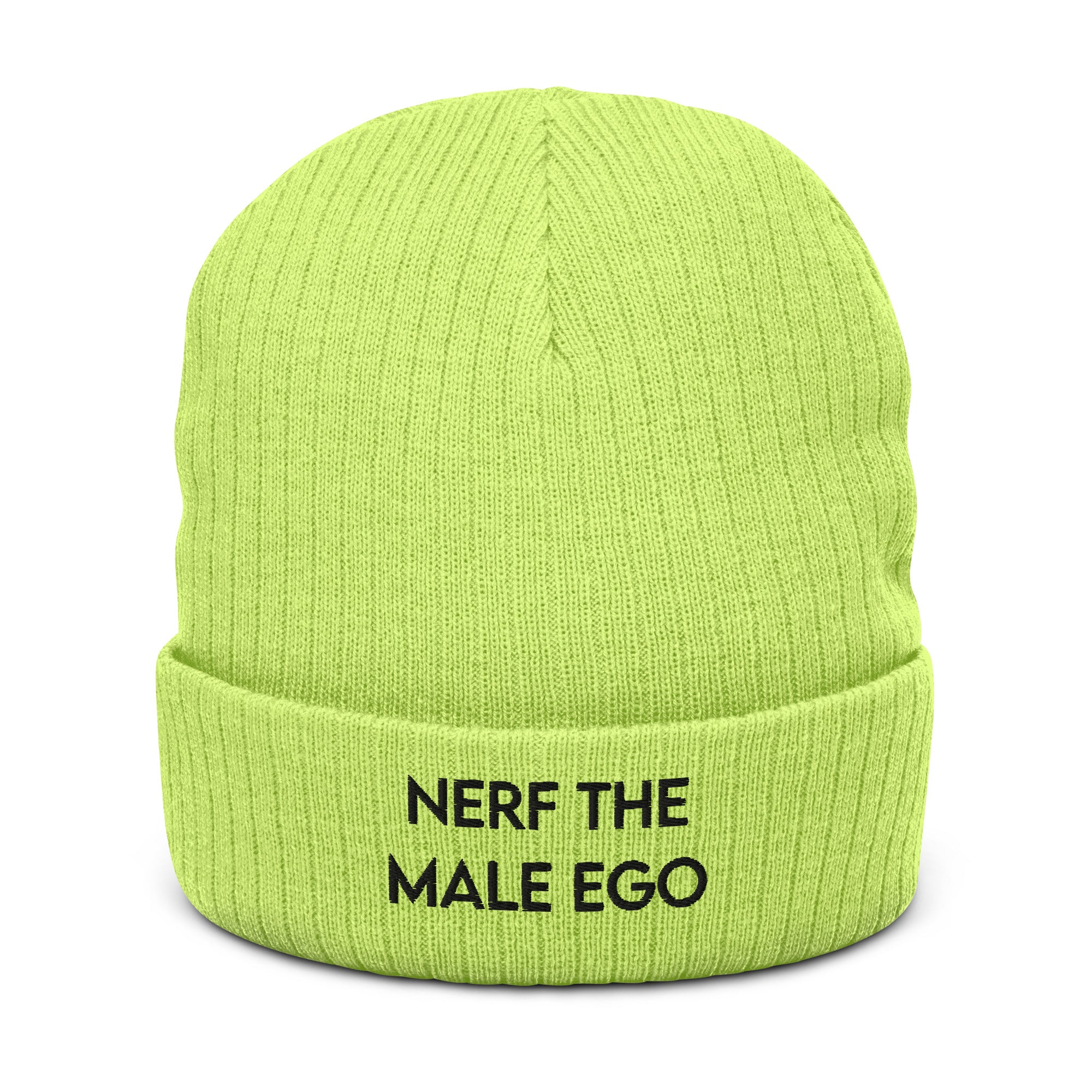 Nerf the Male Ego | Recycled cuffed beanie | Feminist Gamer Threads and Thistles Inventory Acid Green