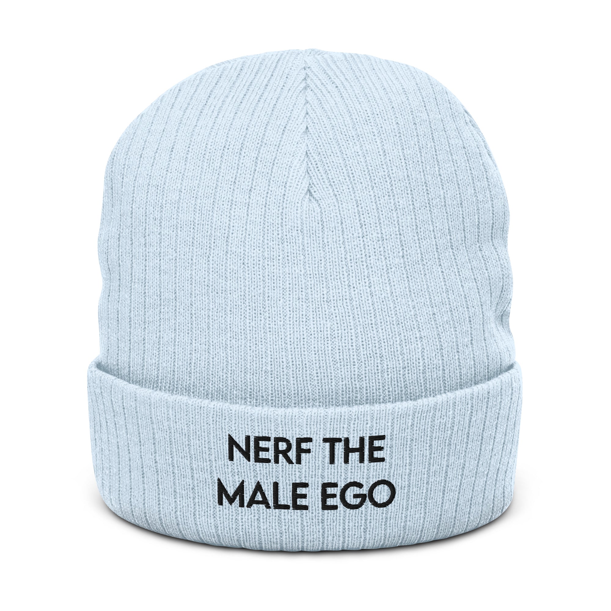 Nerf the Male Ego | Recycled cuffed beanie | Feminist Gamer Threads and Thistles Inventory Light Blue