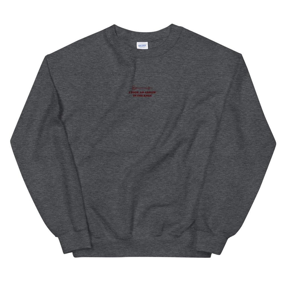 Arrow in the Knee | Embroidered Unisex Sweatshirt | Skyrim Threads and Thistles Inventory Dark Heather S