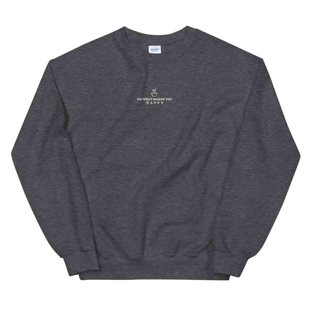 Happy | Embroidered Unisex Sweatshirt | Animal Crossing Threads and Thistles Inventory Dark Heather S