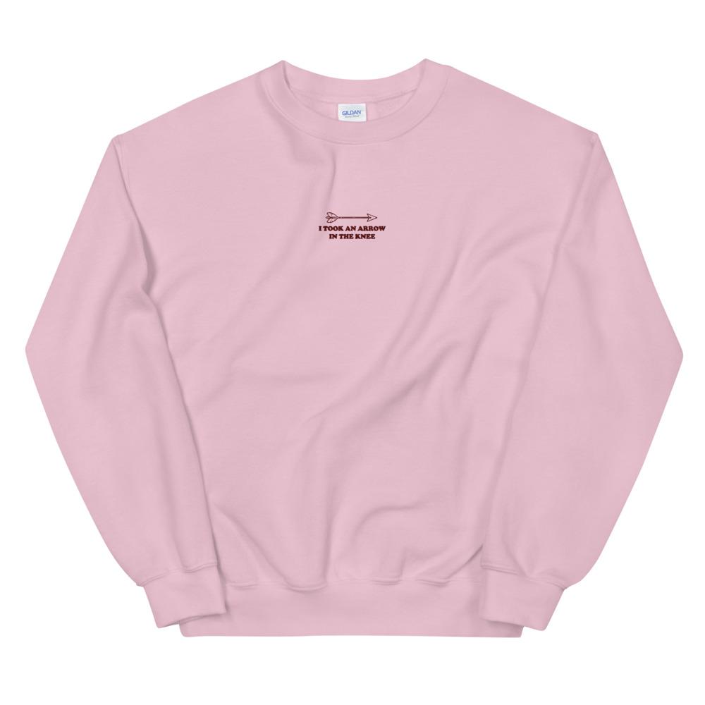 Arrow in the Knee | Embroidered Unisex Sweatshirt | Skyrim Threads and Thistles Inventory Light Pink S