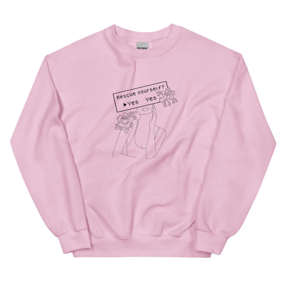 Rescue Yourself? | Unisex Sweatshirt | Feminist Gamer Threads and Thistles Inventory Light Pink S
