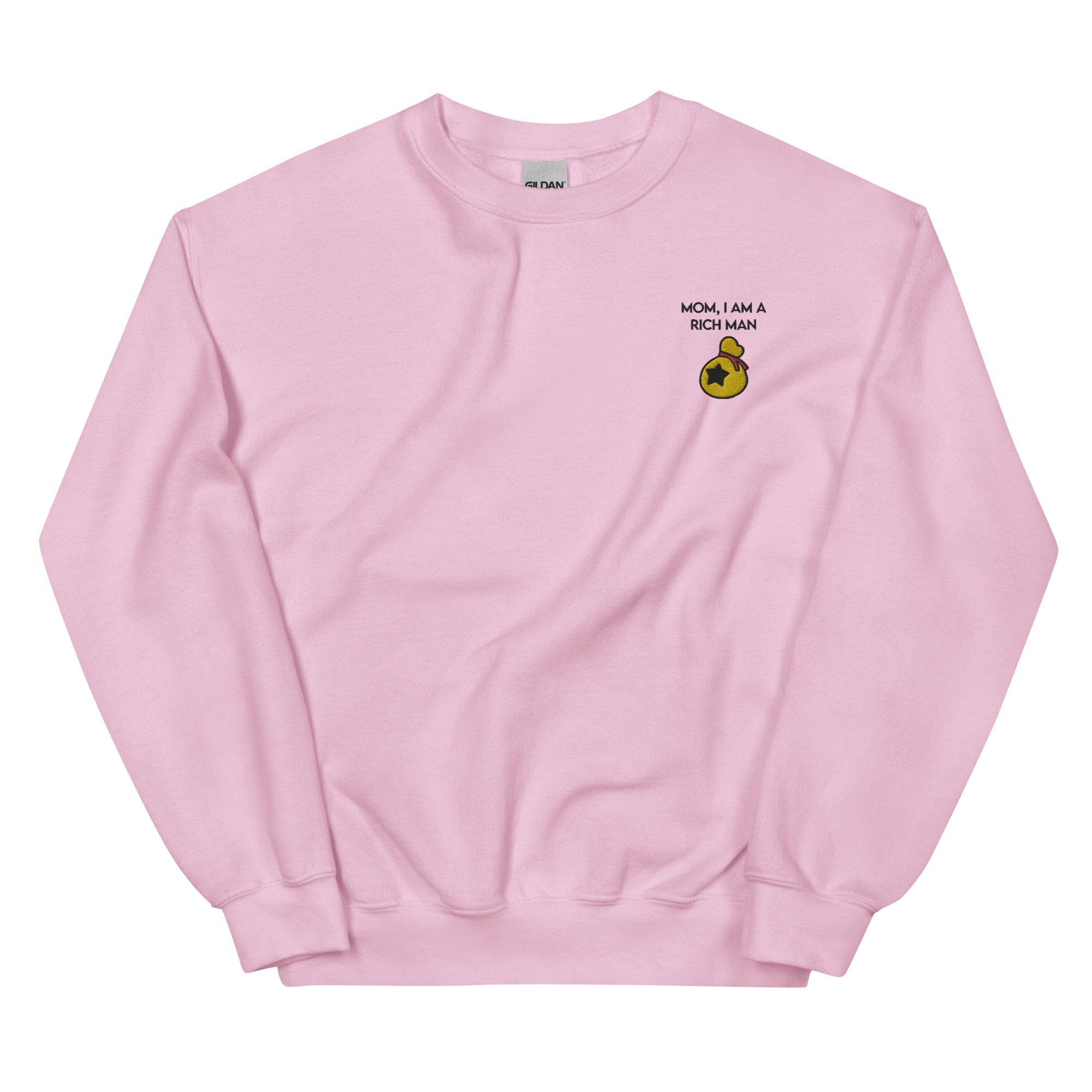 I Am a Rich Man | Embroidered Unisex Sweatshirt | Animal Crossing Threads and Thistles Inventory Light Pink S