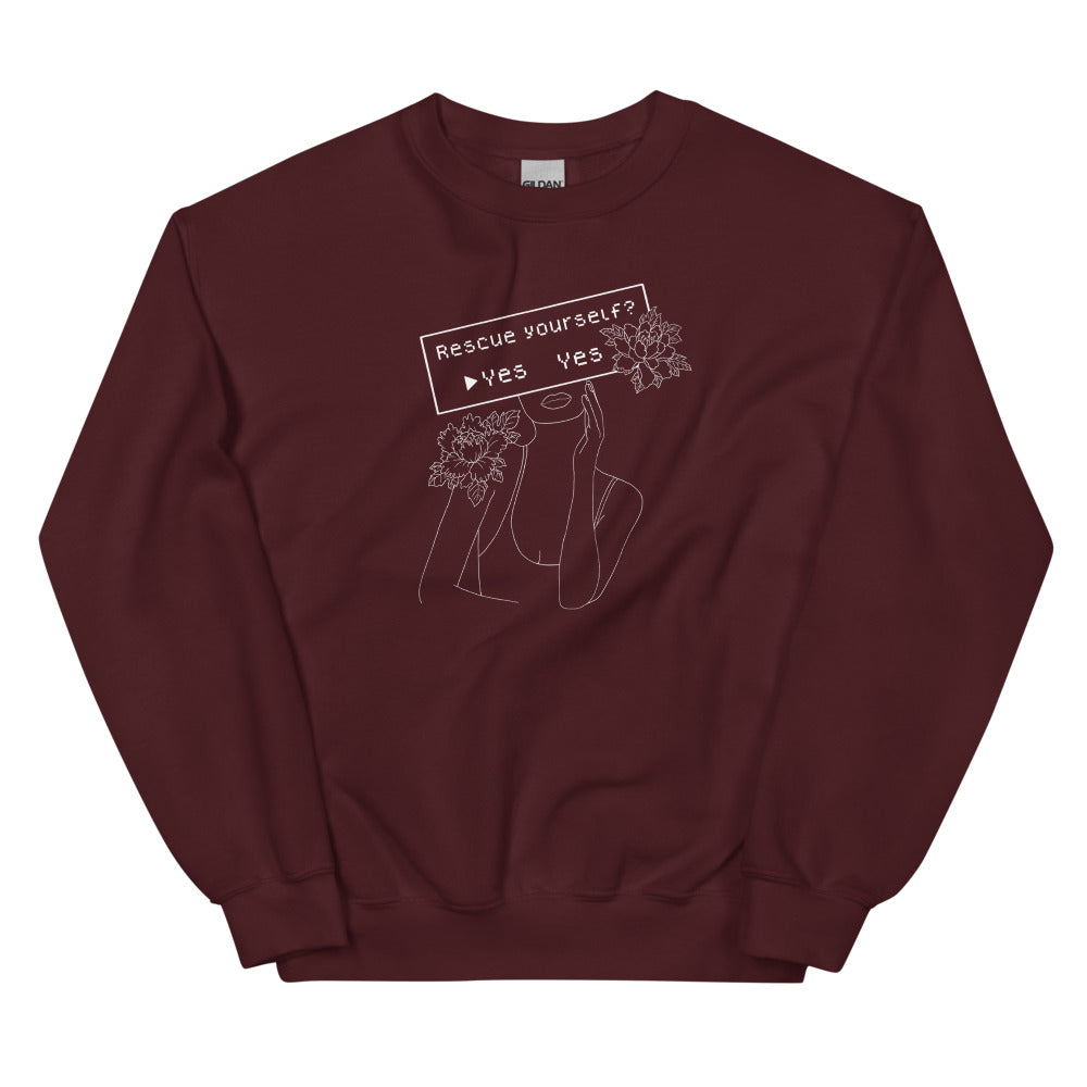Rescue Yourself? | Unisex Sweatshirt | Feminist Gamer Threads and Thistles Inventory Maroon S