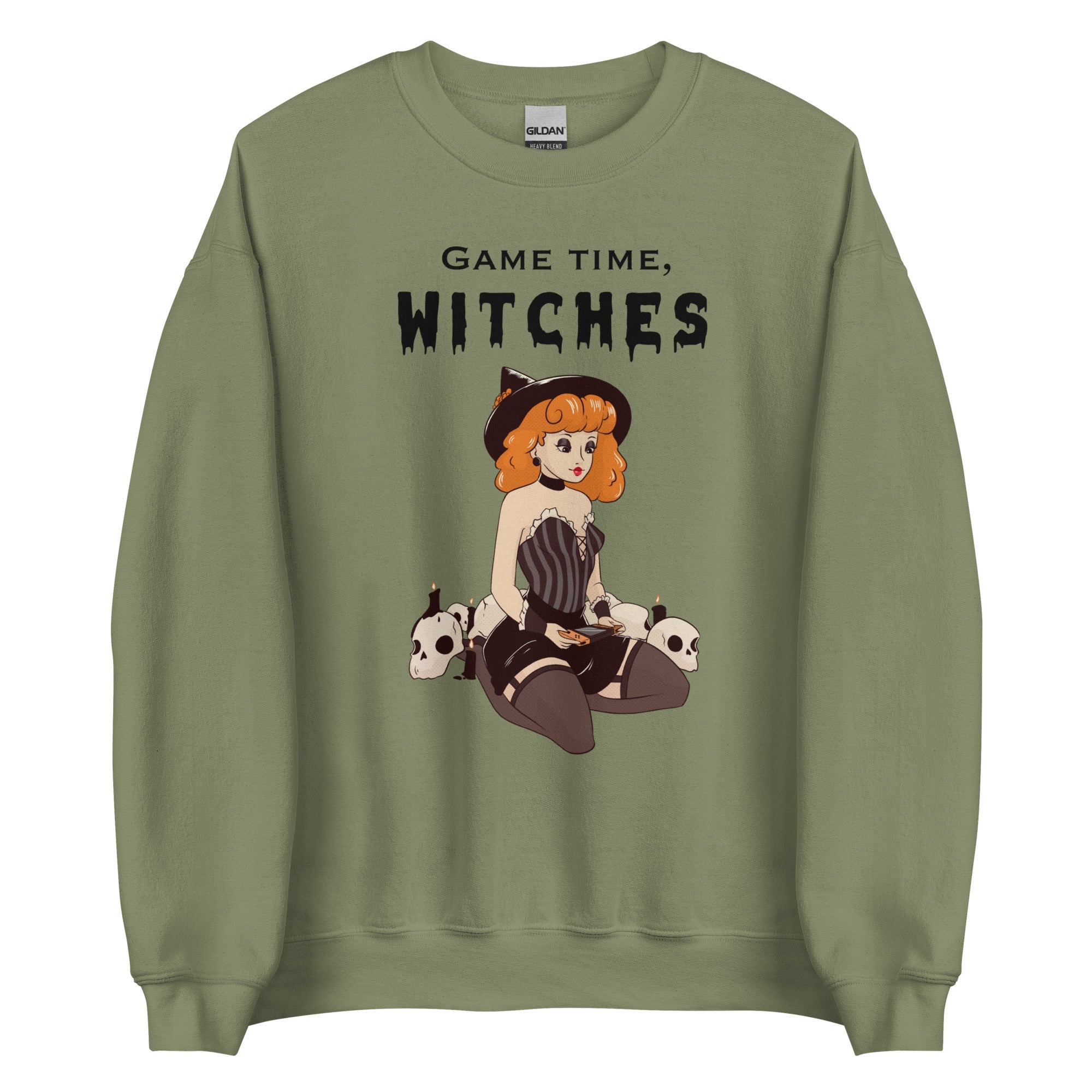 Game Time, Witches | Fall Unisex Sweatshirt Threads & Thistles Inventory Military Green S