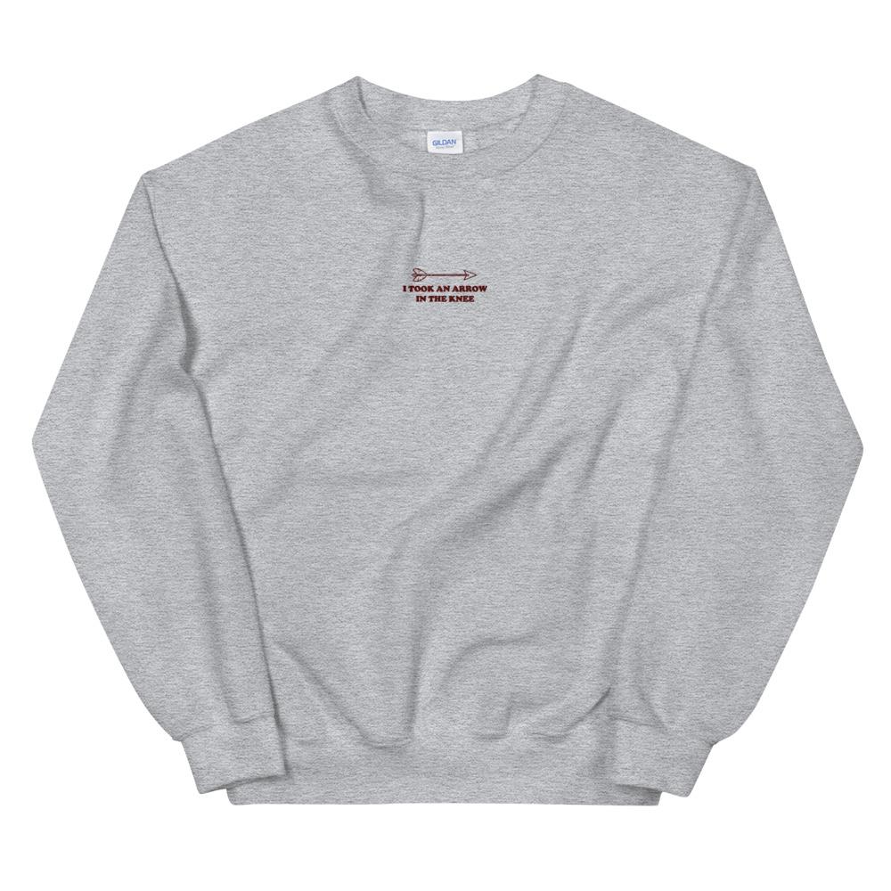 Arrow in the Knee | Embroidered Unisex Sweatshirt | Skyrim Threads and Thistles Inventory Sport Grey S