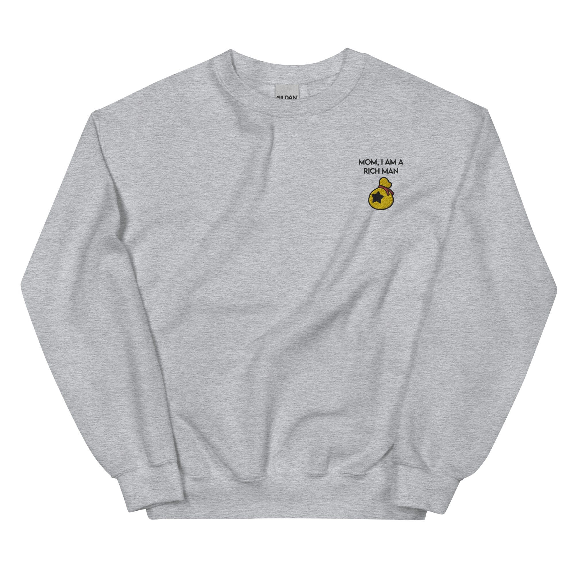 I Am a Rich Man | Embroidered Unisex Sweatshirt | Animal Crossing Threads and Thistles Inventory Sport Grey S