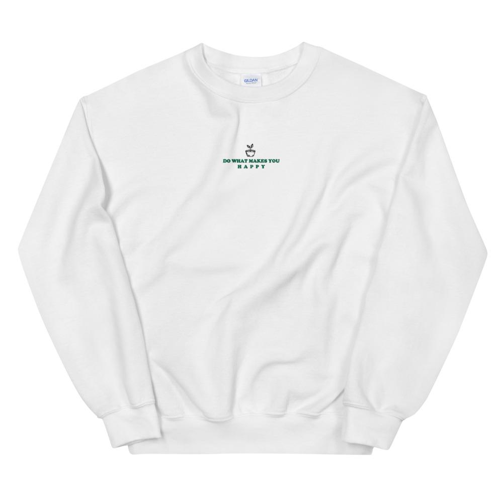 Happy | Embroidered Unisex Sweatshirt | Animal Crossing Threads and Thistles Inventory White S