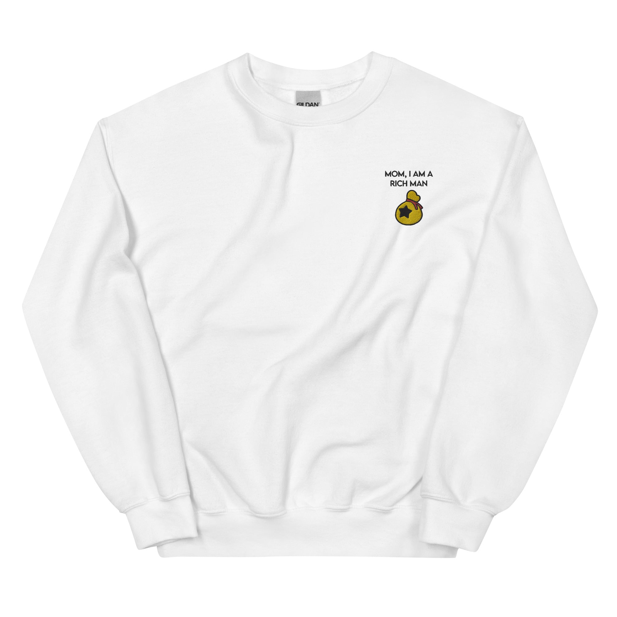 I Am a Rich Man | Embroidered Unisex Sweatshirt | Animal Crossing Threads and Thistles Inventory White S