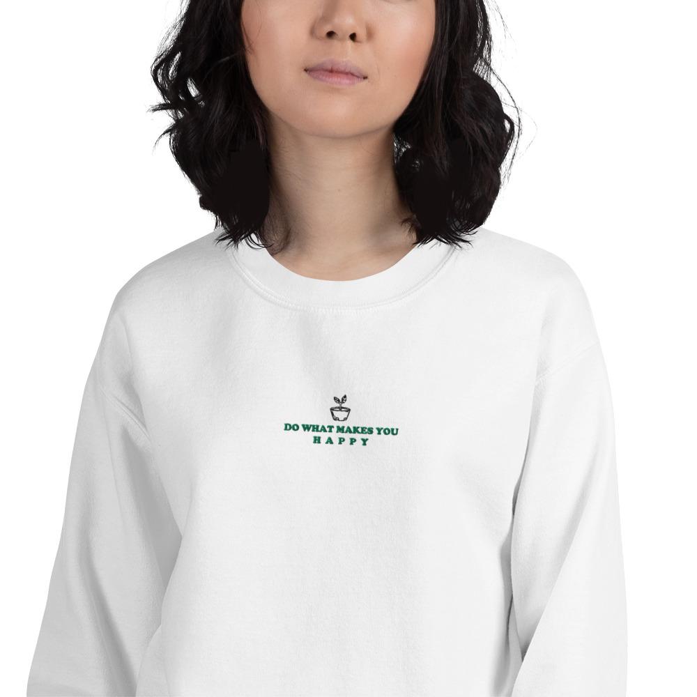 Happy | Embroidered Unisex Sweatshirt | Animal Crossing Threads and Thistles Inventory