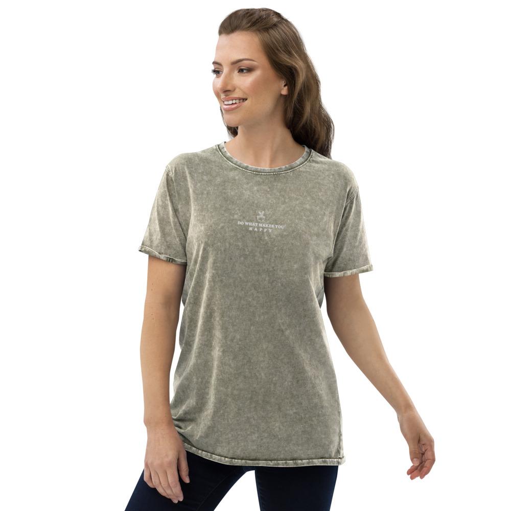 Happy | Embroidered Denim T-Shirt | Animal Crossing Threads and Thistles Inventory