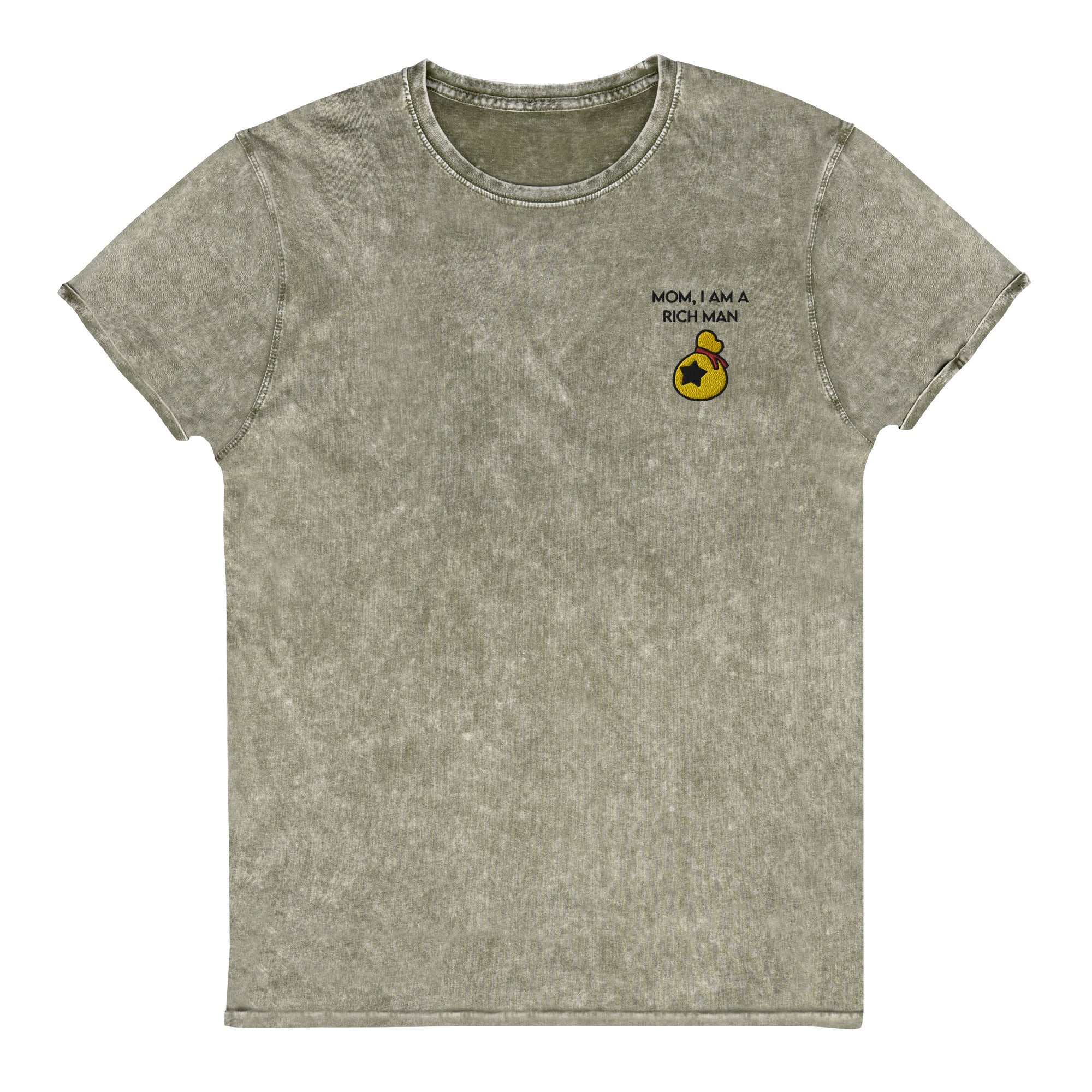 I Am a Rich Man |Embroidered Denim T-Shirt | Animal Crossing Threads and Thistles Inventory Dark Army Green S