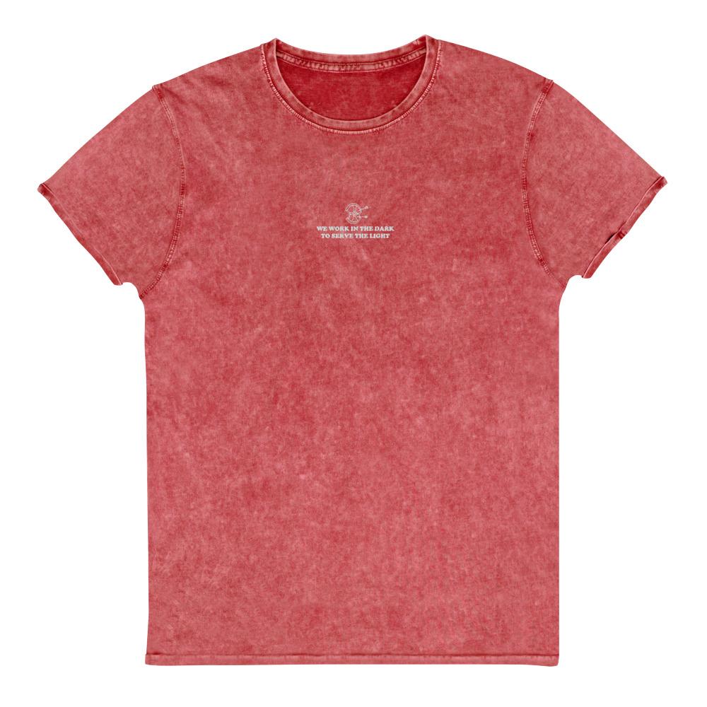 Serve the Light | Embroidered Denim T-Shirt | Assassin's Creed Threads and Thistles Inventory Garnet Red S 