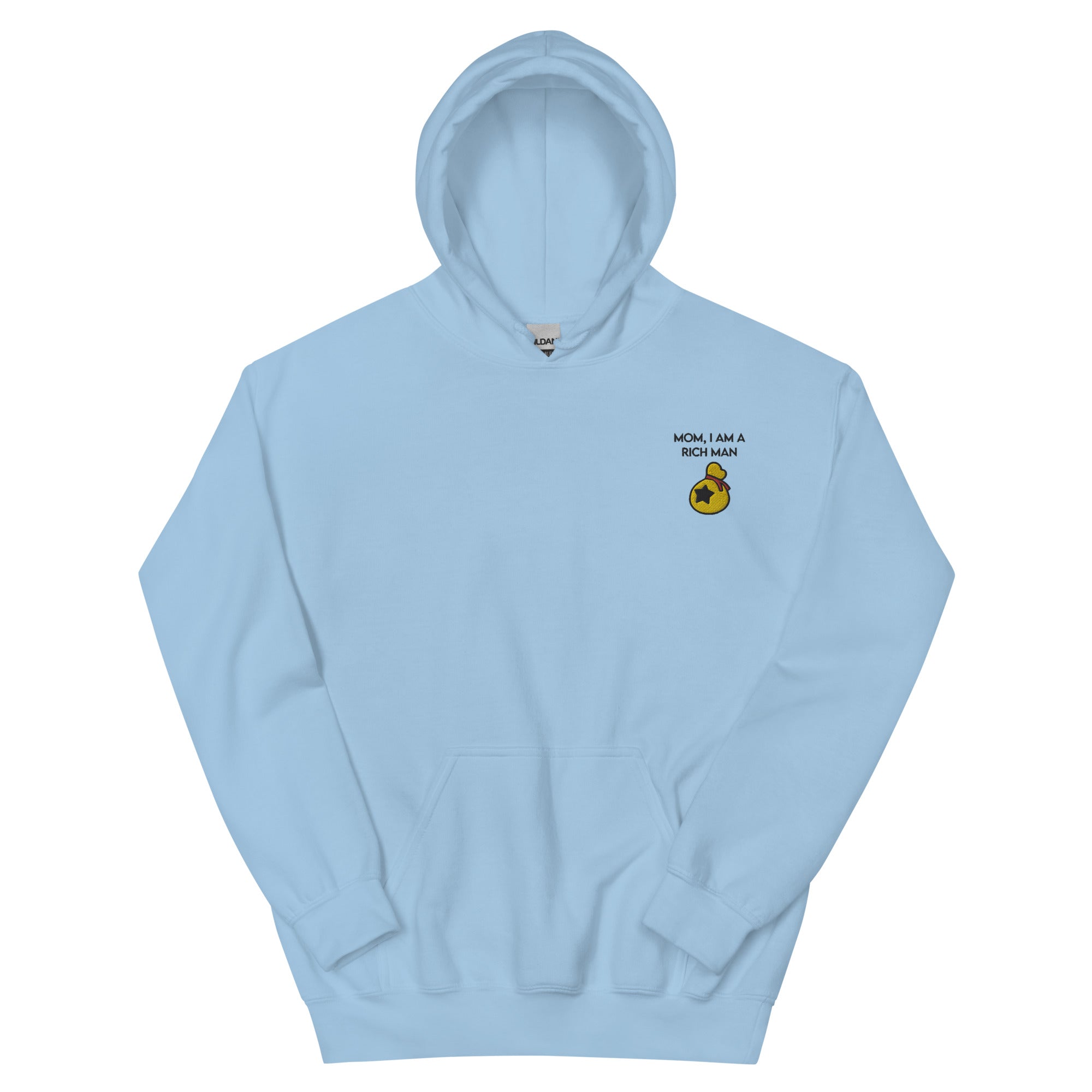 I Am a Rich Man | Embroidered Unisex Hoodie | Animal Crossing Threads and Thistles Inventory Light Blue S