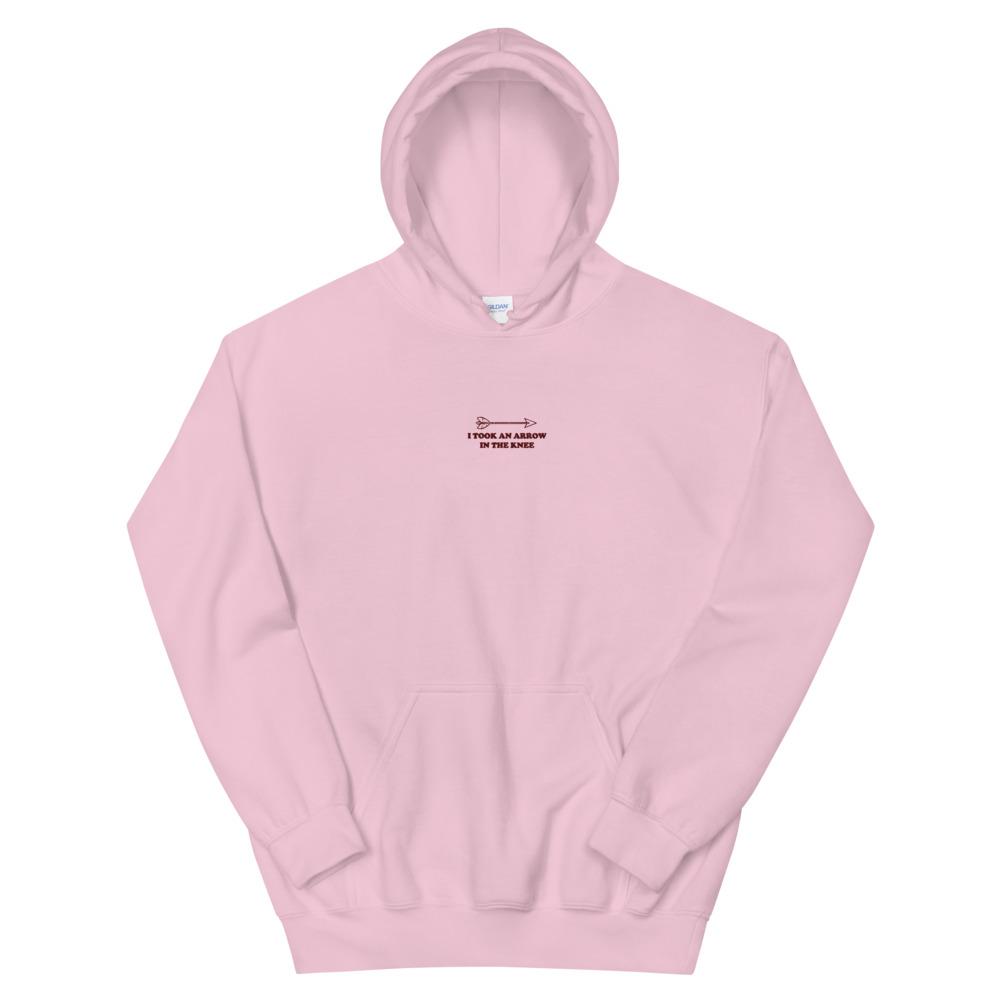 Arrow in the Knee | Embroidered Unisex Hoodie | Skyrim Threads and Thistles Inventory Light Pink S