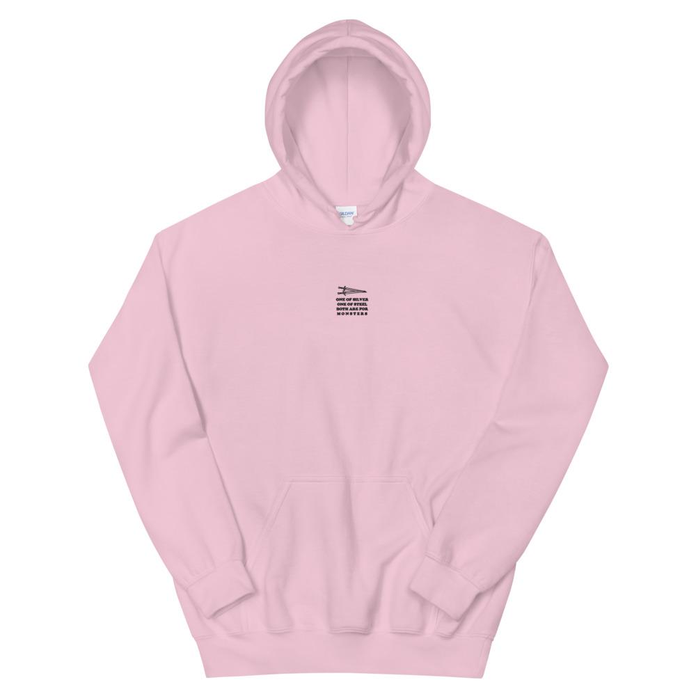 Both are for Monsters | Embroidered Unisex Hoodie | The Witcher Threads and Thistles Inventory Light Pink S
