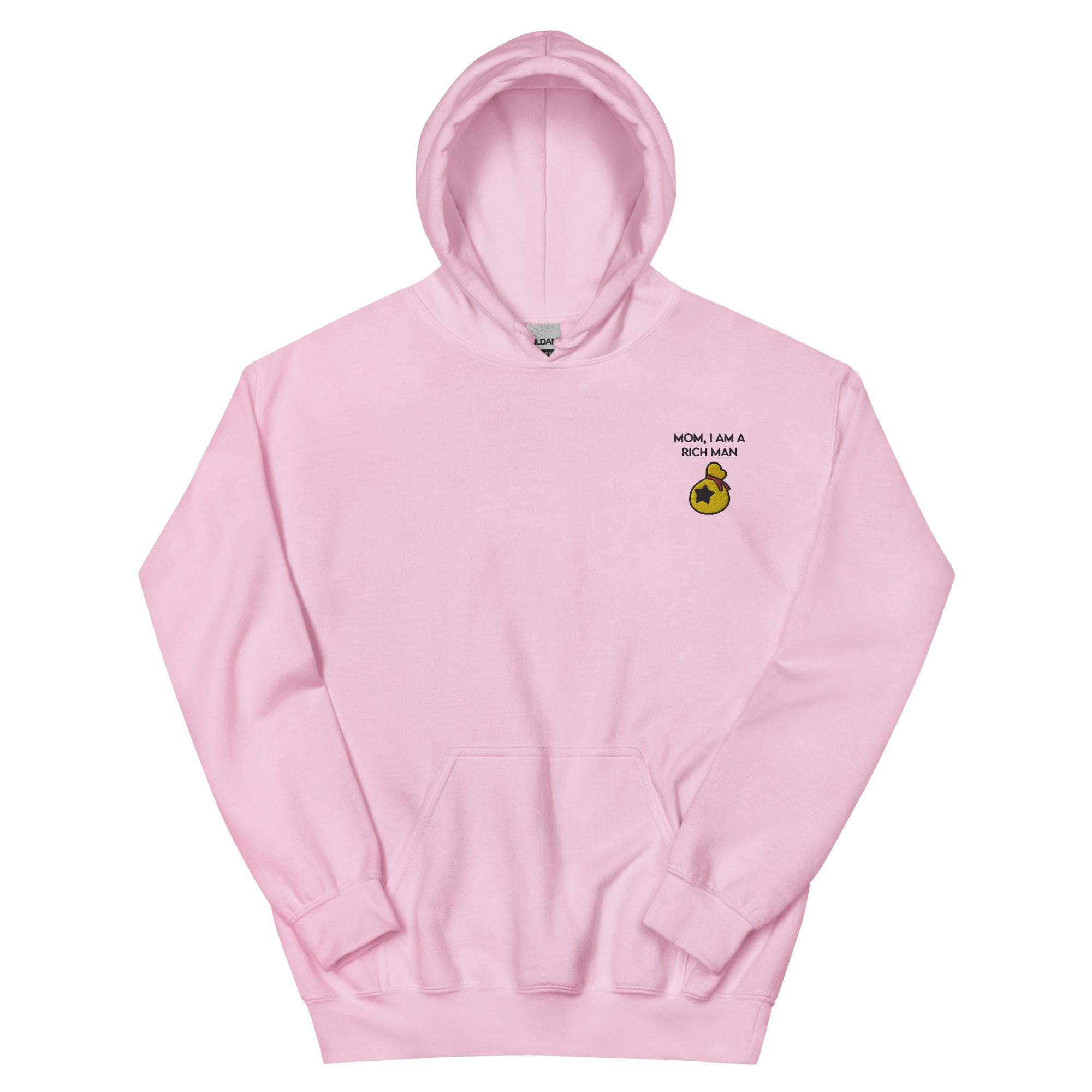 I Am a Rich Man | Embroidered Unisex Hoodie | Animal Crossing Threads and Thistles Inventory Light Pink S