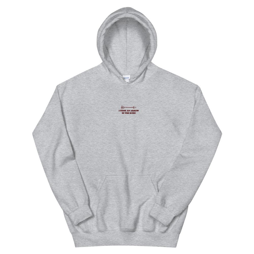 Arrow in the Knee | Embroidered Unisex Hoodie | Skyrim Threads and Thistles Inventory Sport Grey S