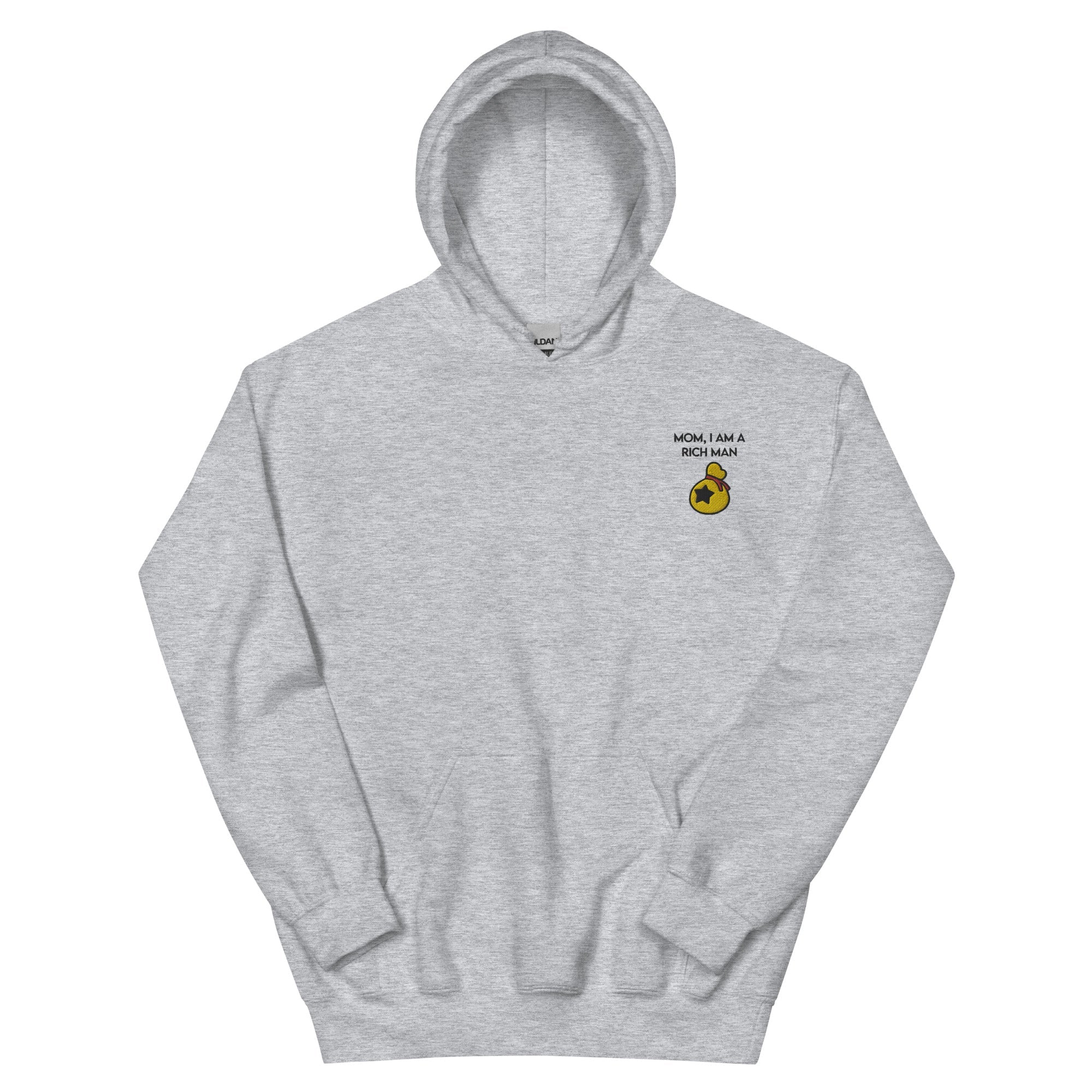 I Am a Rich Man | Embroidered Unisex Hoodie | Animal Crossing Threads and Thistles Inventory Sport Grey S
