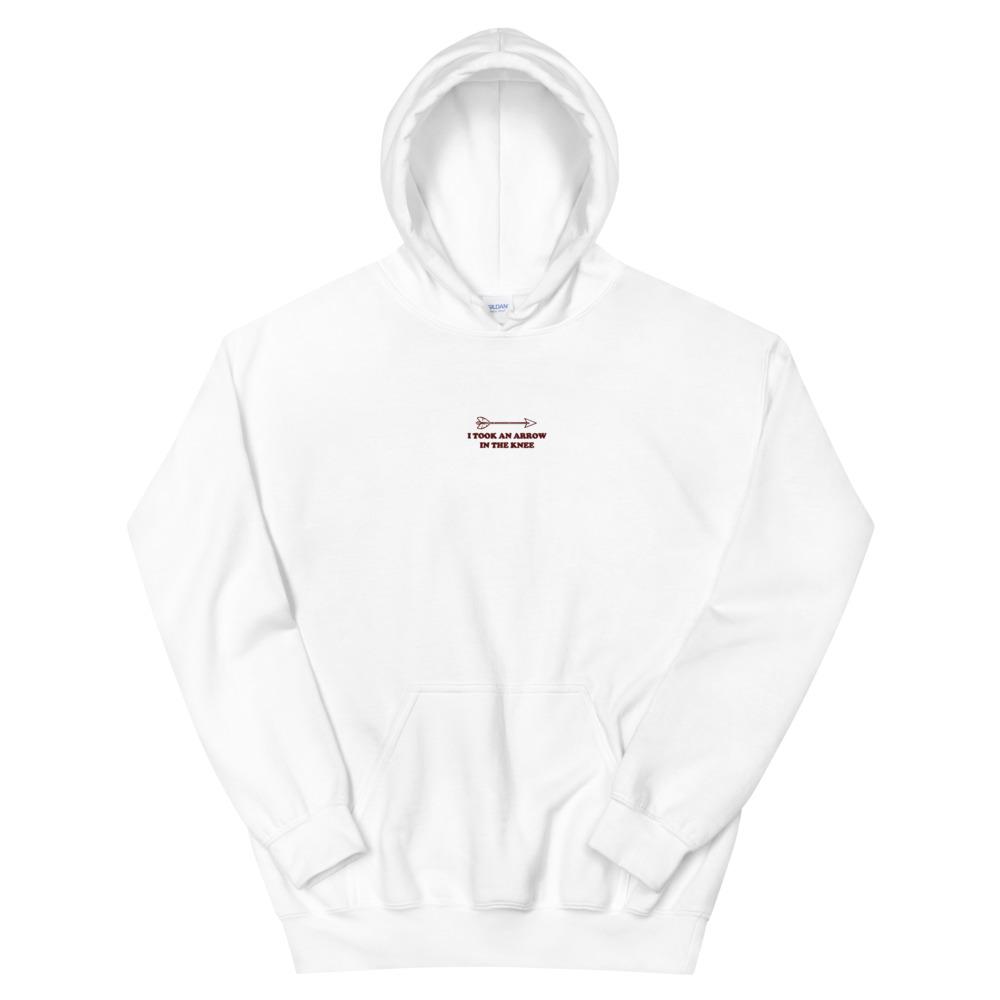 Arrow in the Knee | Embroidered Unisex Hoodie | Skyrim Threads and Thistles Inventory White S