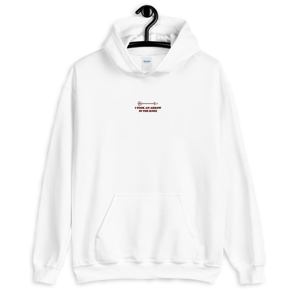 Arrow in the Knee | Embroidered Unisex Hoodie | Skyrim Threads and Thistles Inventory
