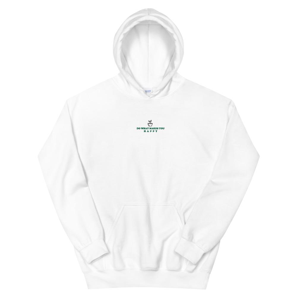 Happy | Embroidered Unisex Hoodie | Animal Crossing Threads and Thistles Inventory White S
