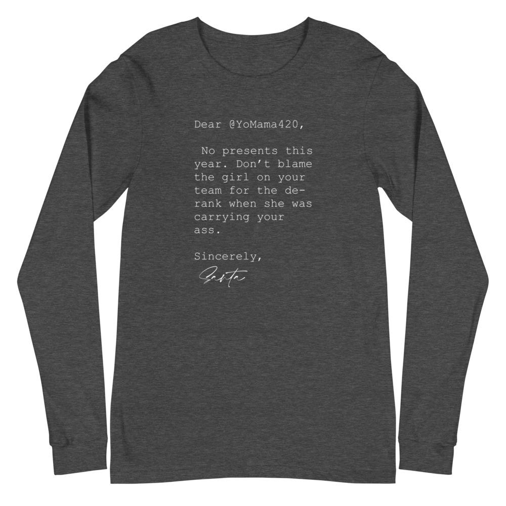 Sincerely Santa | Unisex Long Sleeve Tee Threads and Thistles Inventory Dark Grey Heather XS