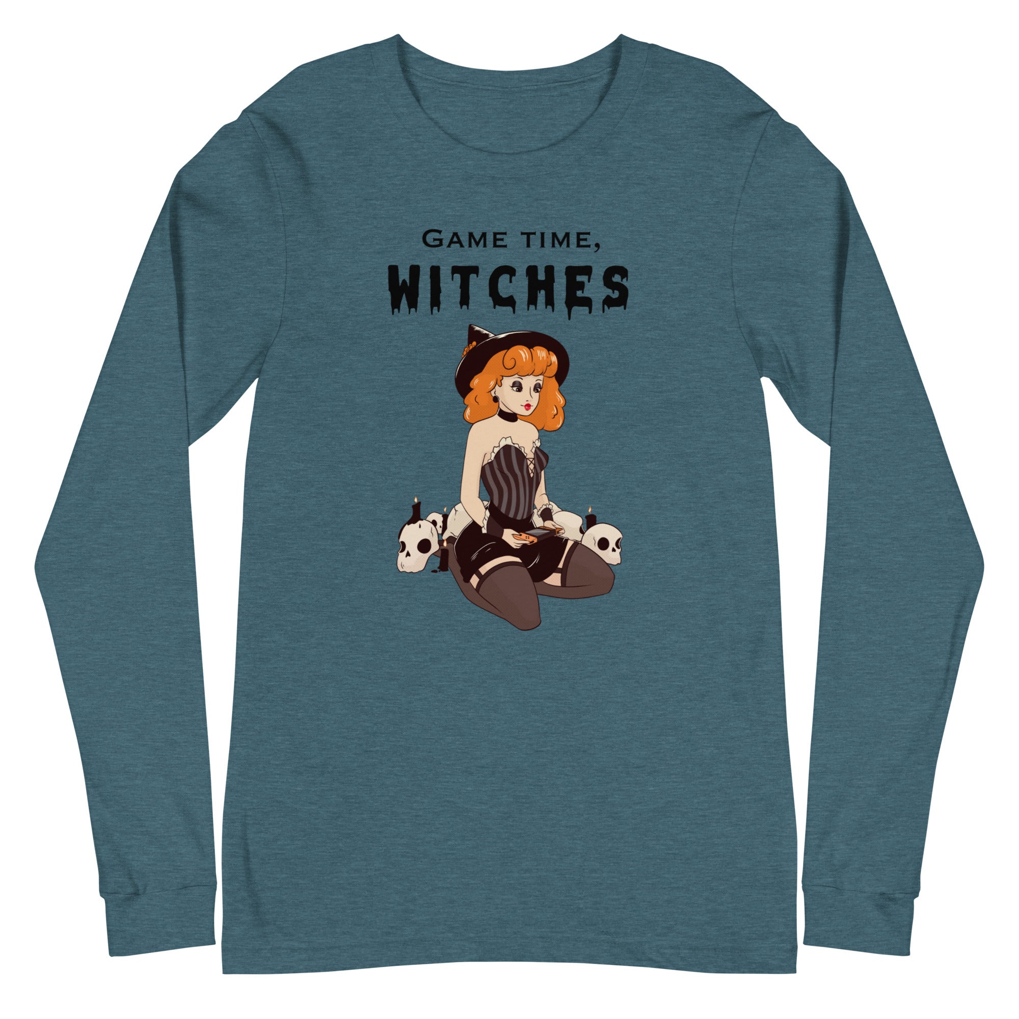Game Time, Witches | Fall Unisex Long Sleeve Tee Threads & Thistles Inventory Heather Deep Teal XS