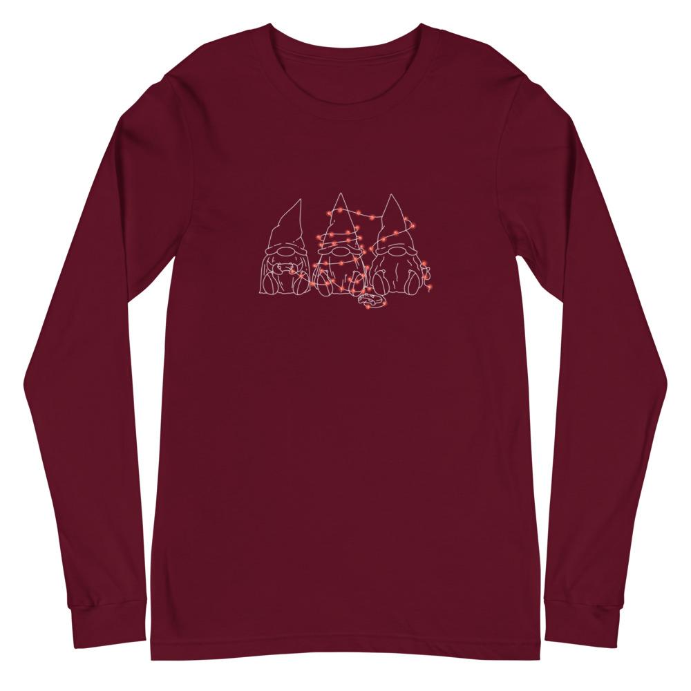 Gamer Gnome Christmas | Seasonal Unisex Long Sleeve Tee Threads and Thistles Inventory Maroon XS