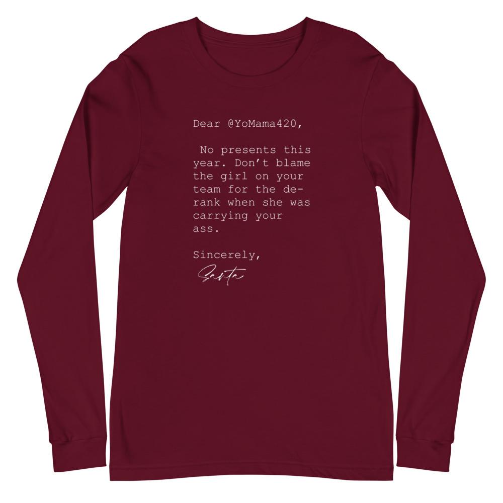 Sincerely Santa | Unisex Long Sleeve Tee Threads and Thistles Inventory Maroon XS