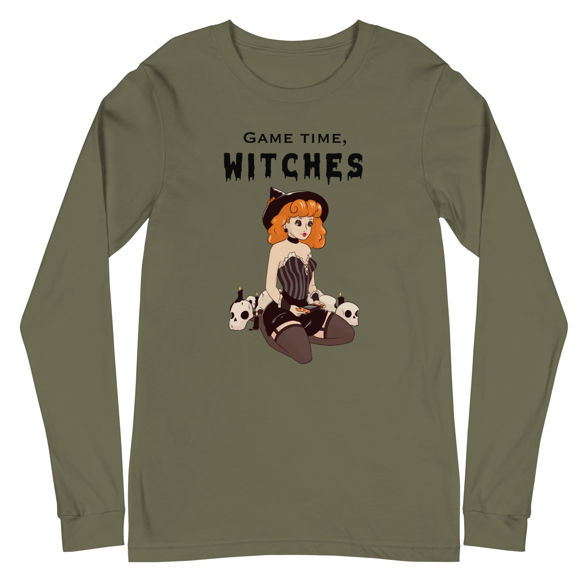 Game Time, Witches | Fall Unisex Long Sleeve Tee Threads & Thistles Inventory Military Green XS