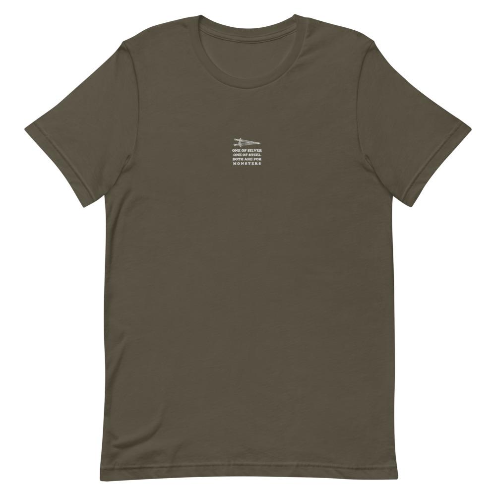 Both are for Monsters | Embroidered Short-Sleeve Unisex T-Shirt | The Witcher Threads and Thistles Inventory Army S