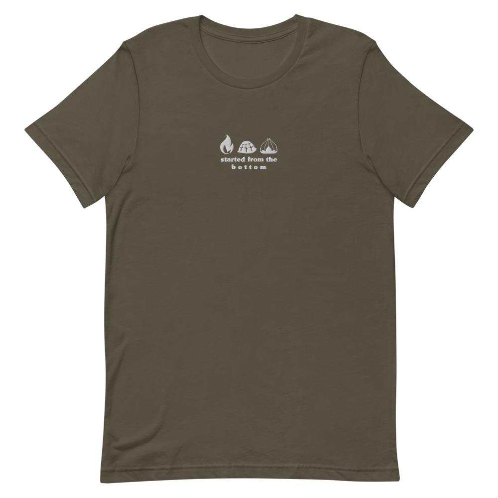 Started from the Bottom | Embroidered Short-Sleeve Unisex T-Shirt | Pokemon Threads and Thistles Inventory Army S