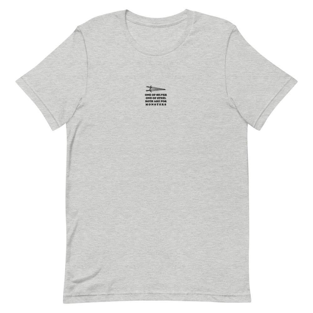 Both are for Monsters | Embroidered Short-Sleeve Unisex T-Shirt | The Witcher Threads and Thistles Inventory Athletic Heather S