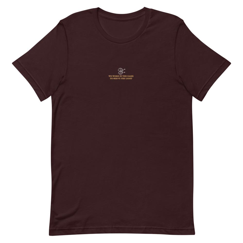Serve the Light | Embroidered Short-Sleeve Unisex T-Shirt | Assassin's Creed Threads and Thistles Inventory Oxblood Black S