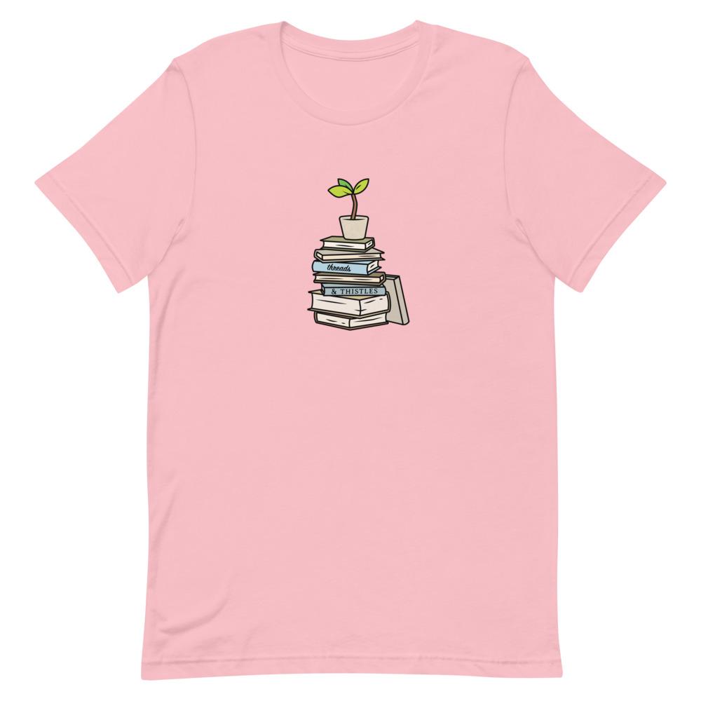Books & Sapling | Short-Sleeve Unisex T-Shirt | Animal Crossing Threads and Thistles Inventory Pink S 