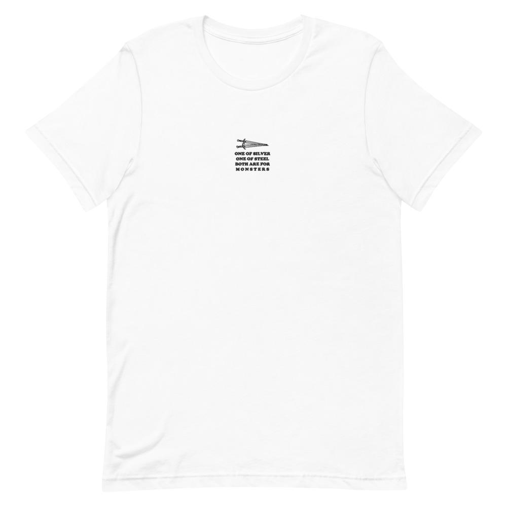 Both are for Monsters | Embroidered Short-Sleeve Unisex T-Shirt | The Witcher Threads and Thistles Inventory White S