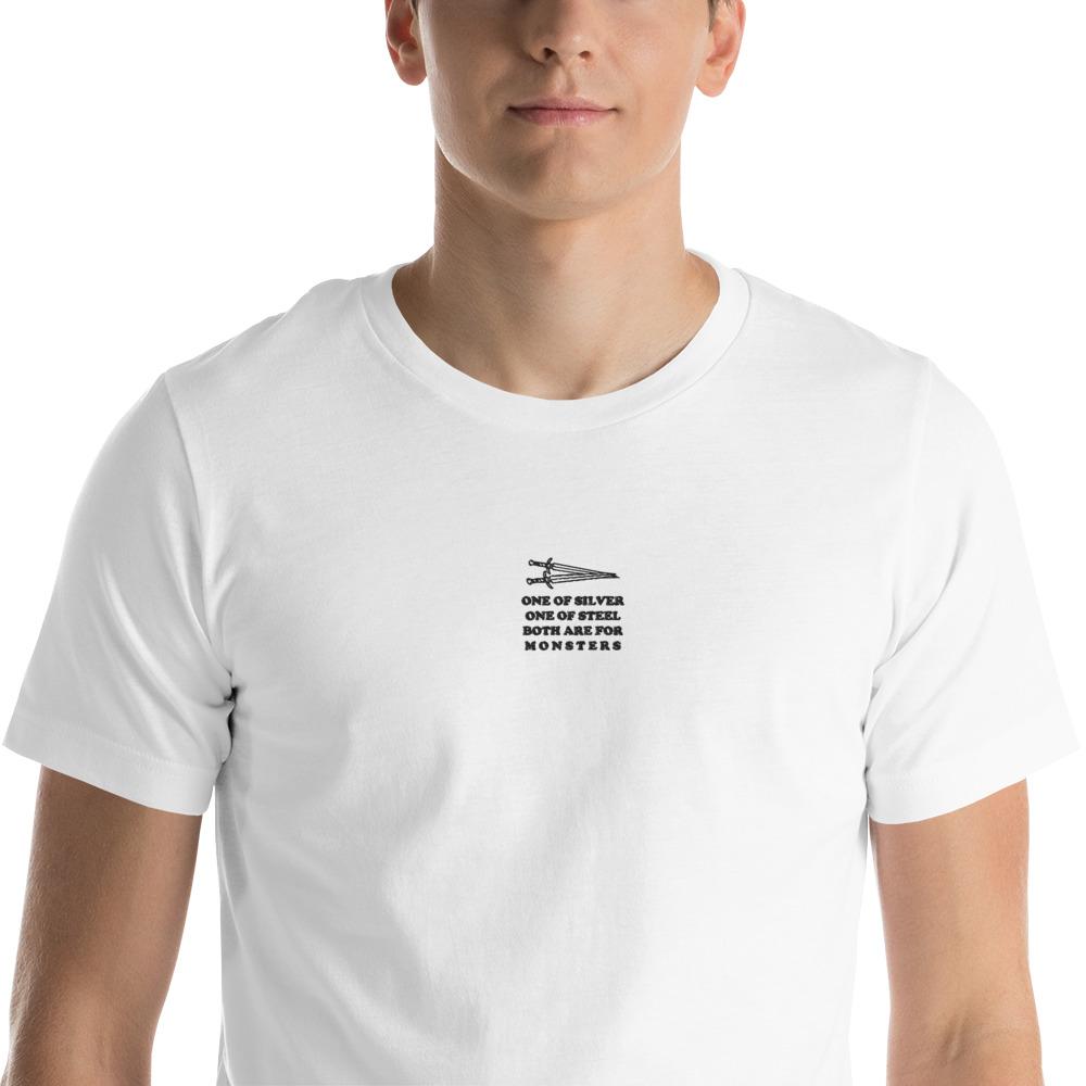 Both are for Monsters | Embroidered Short-Sleeve Unisex T-Shirt | The Witcher Threads and Thistles Inventory