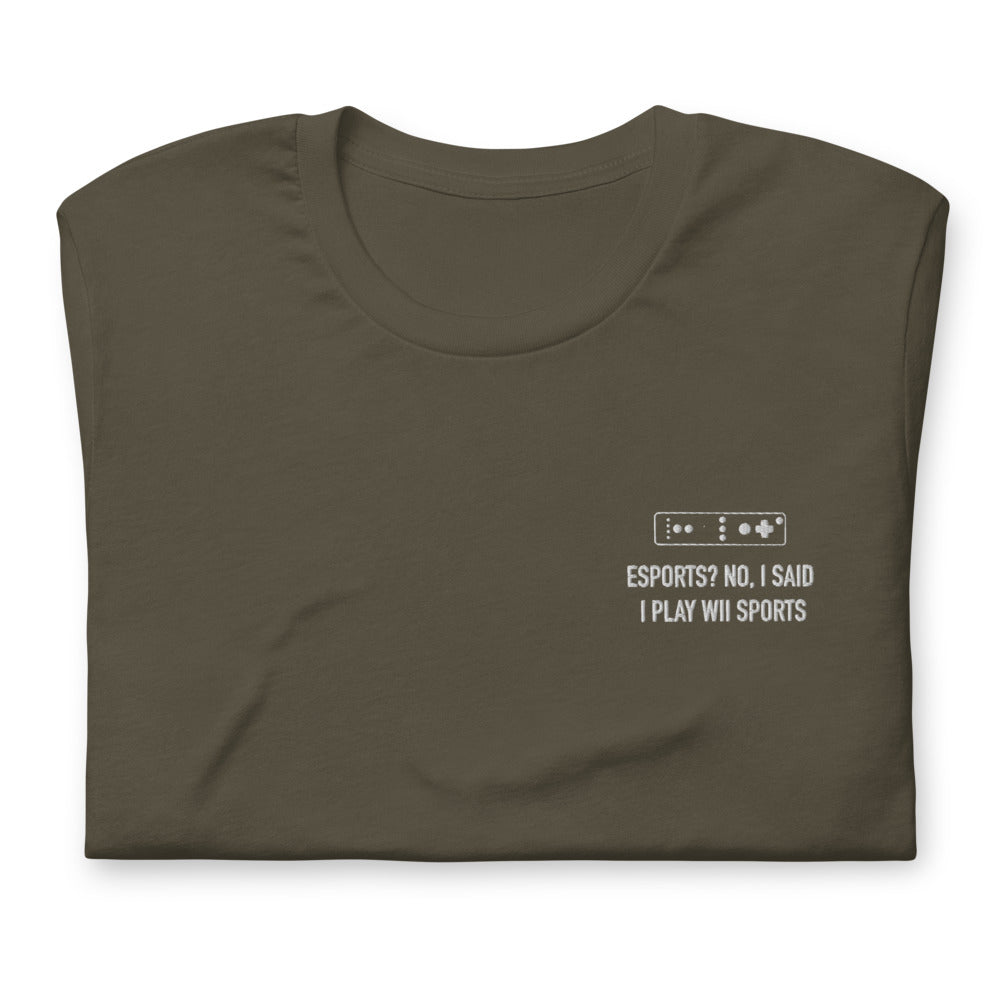 Wii Sports | Embroidered Short-sleeve unisex t-shirt | Feminist Gamer Threads and Thistles Inventory Army S