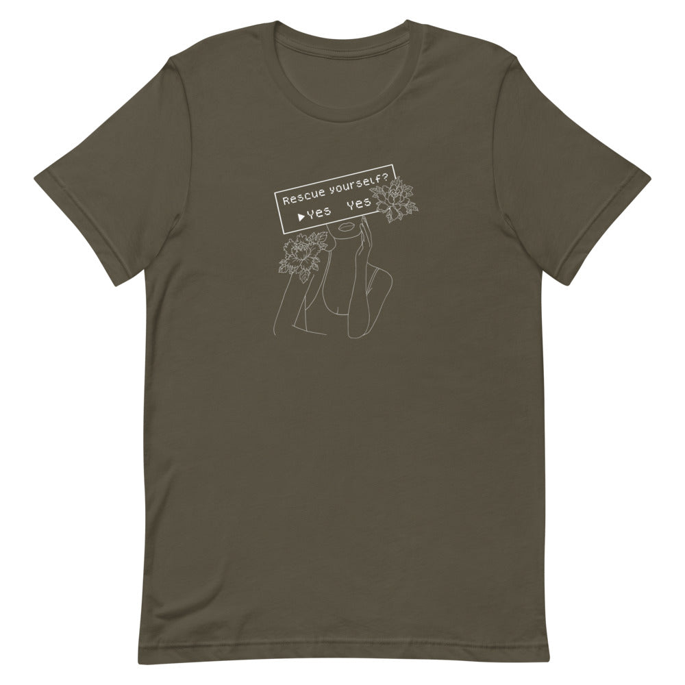 Rescue Yourself? | Short-sleeve unisex t-shirt | Feminist Gamer Threads and Thistles Inventory Army S
