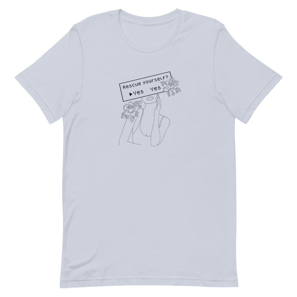 Rescue Yourself? | Short-sleeve unisex t-shirt | Feminist Gamer Threads and Thistles Inventory Light Blue XS