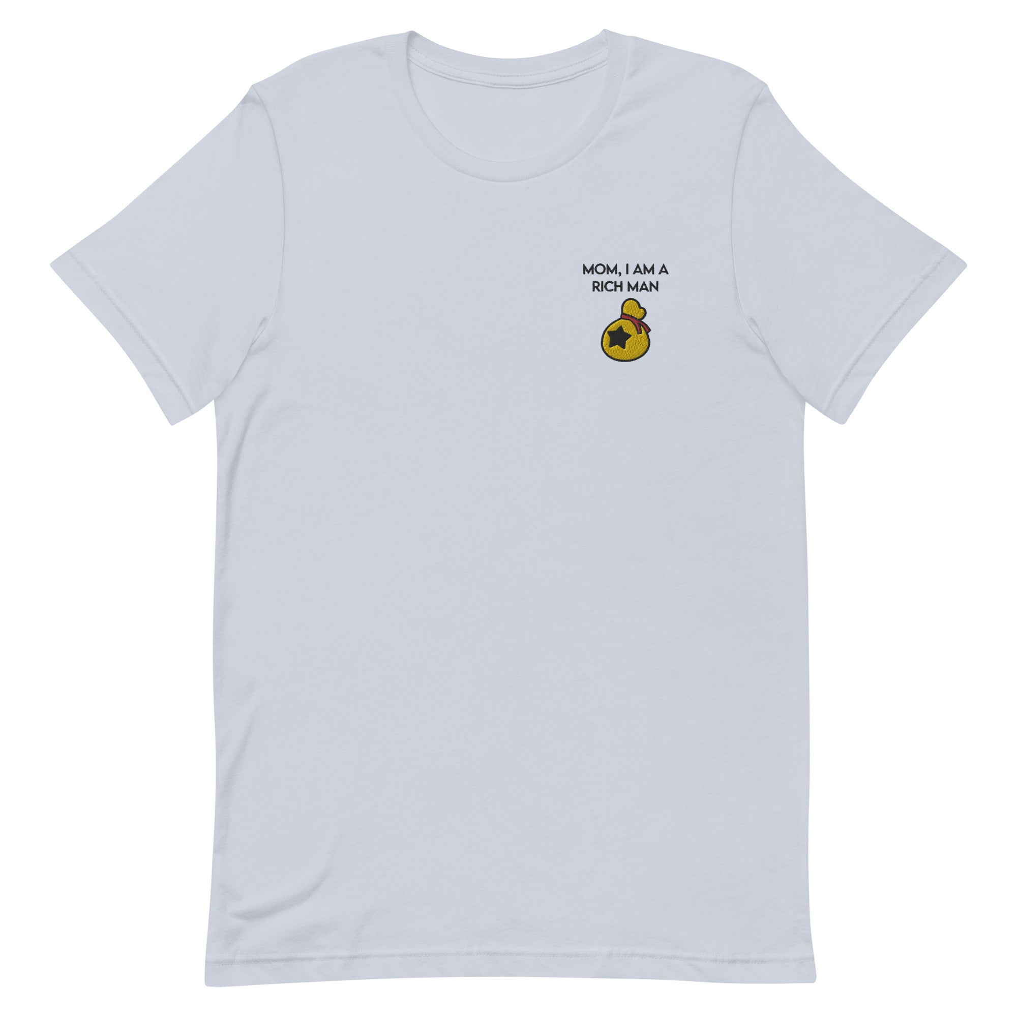 I Am a Rich Man | Embroidered Unisex t-shirt | Animal Crossing Threads and Thistles Inventory Light Blue XS