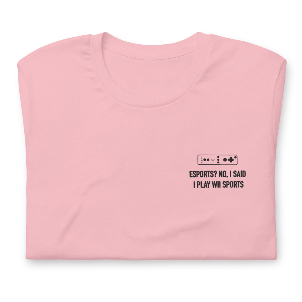 Wii Sports | Embroidered Short-sleeve unisex t-shirt | Feminist Gamer Threads and Thistles Inventory Pink S