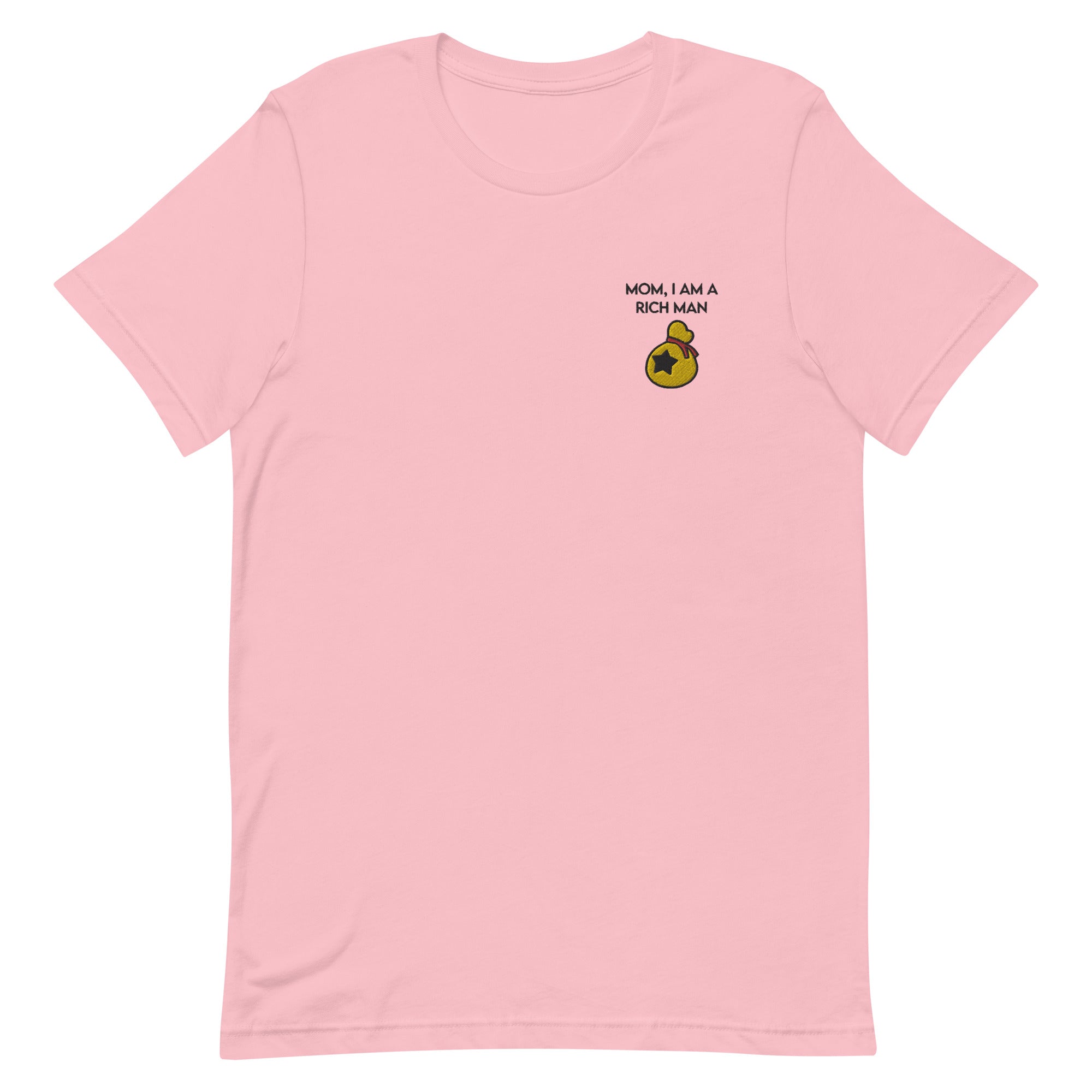 I Am a Rich Man | Embroidered Unisex t-shirt | Animal Crossing Threads and Thistles Inventory Pink S