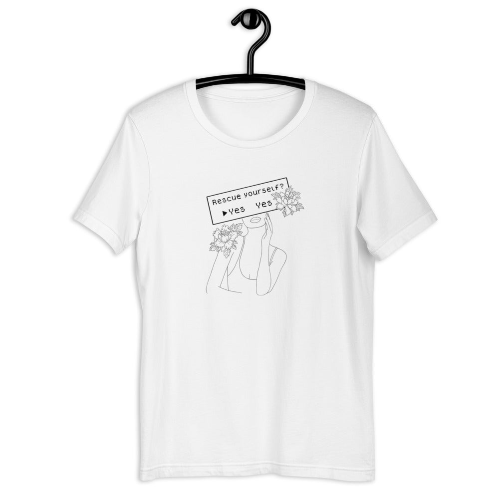 Rescue Yourself? | Short-sleeve unisex t-shirt | Feminist Gamer Threads and Thistles Inventory