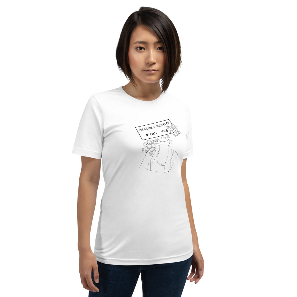 Rescue Yourself? | Short-sleeve unisex t-shirt | Feminist Gamer Threads and Thistles Inventory