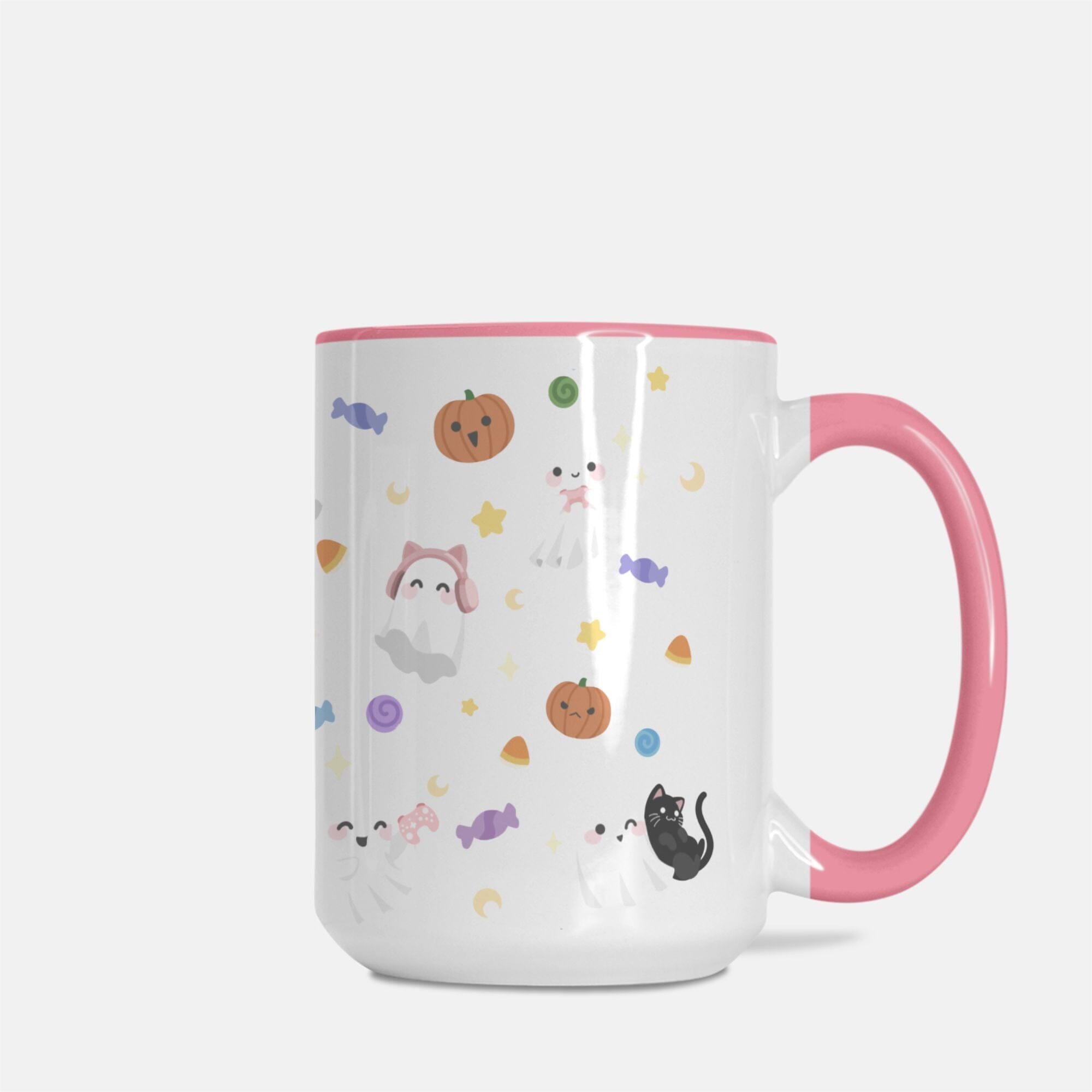 gamer ghosts Mug Deluxe 15oz. (Pink + White) Mugs Threads & Thistles Inventory 
